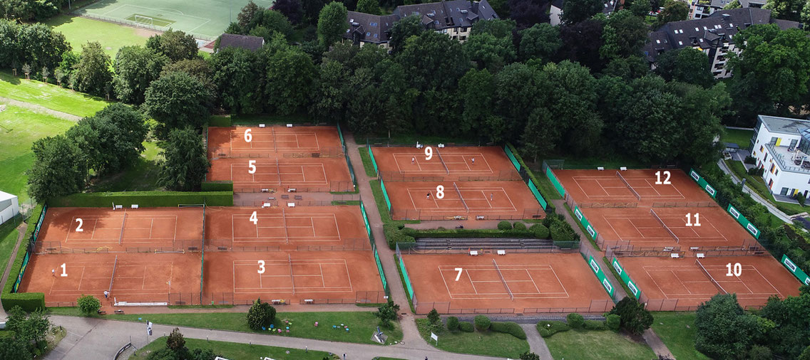 Drohnenaufnahme der nummeriertenTennisplätze
