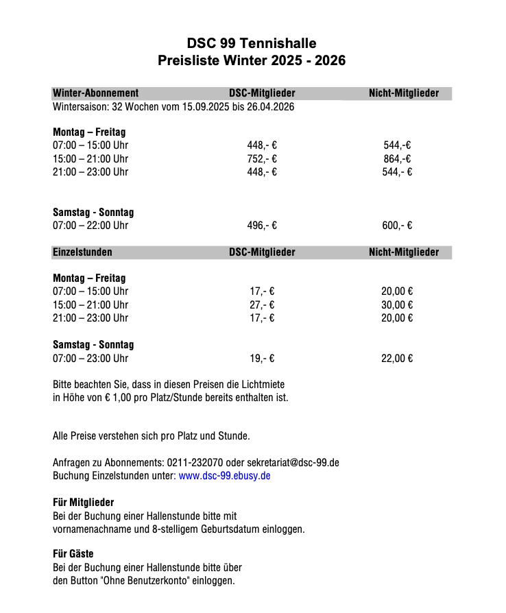 Preisliste Winter 25/26